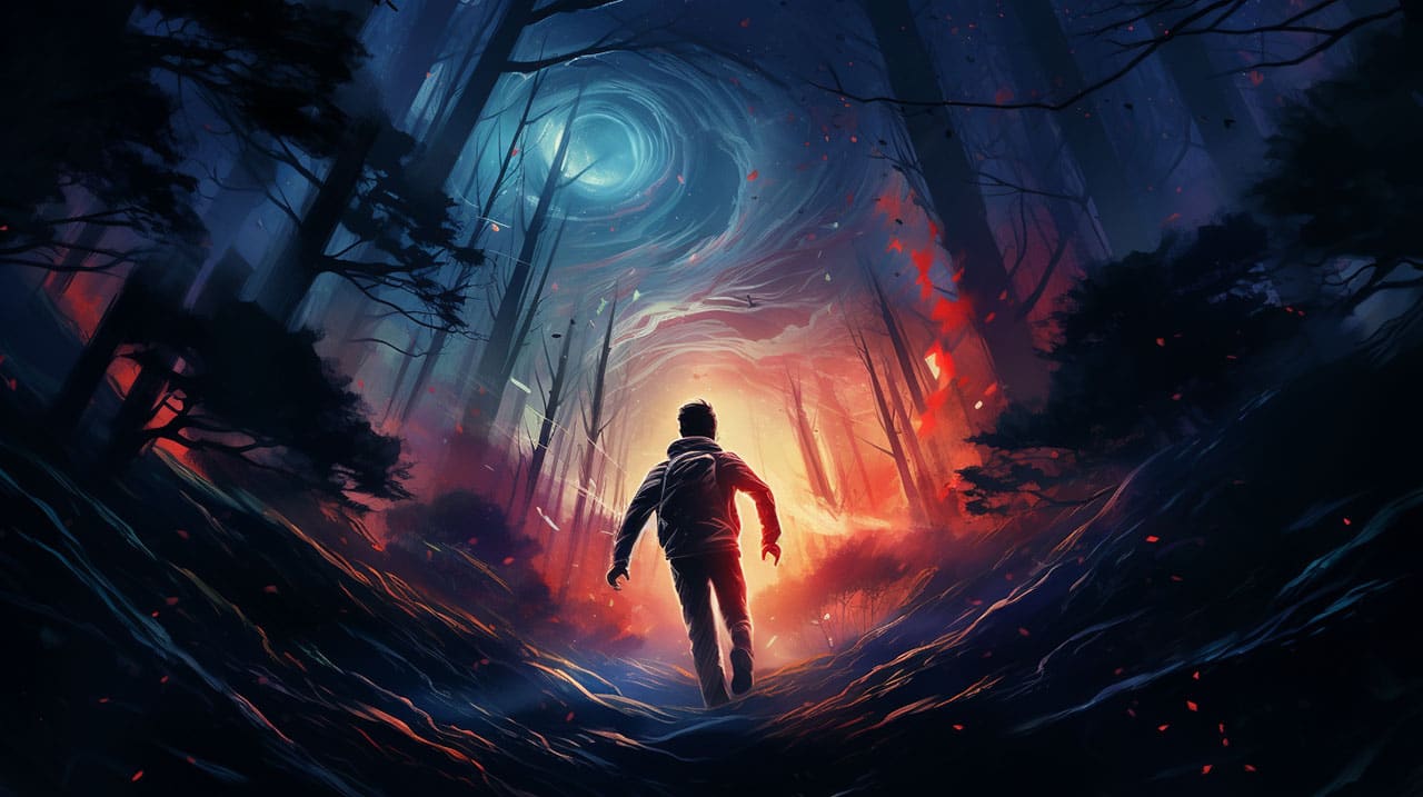 Man running into the deep dark forest