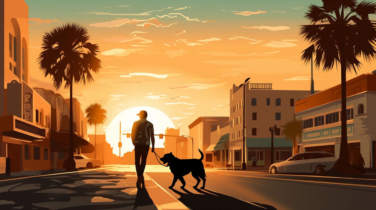 Man with dog at sunset